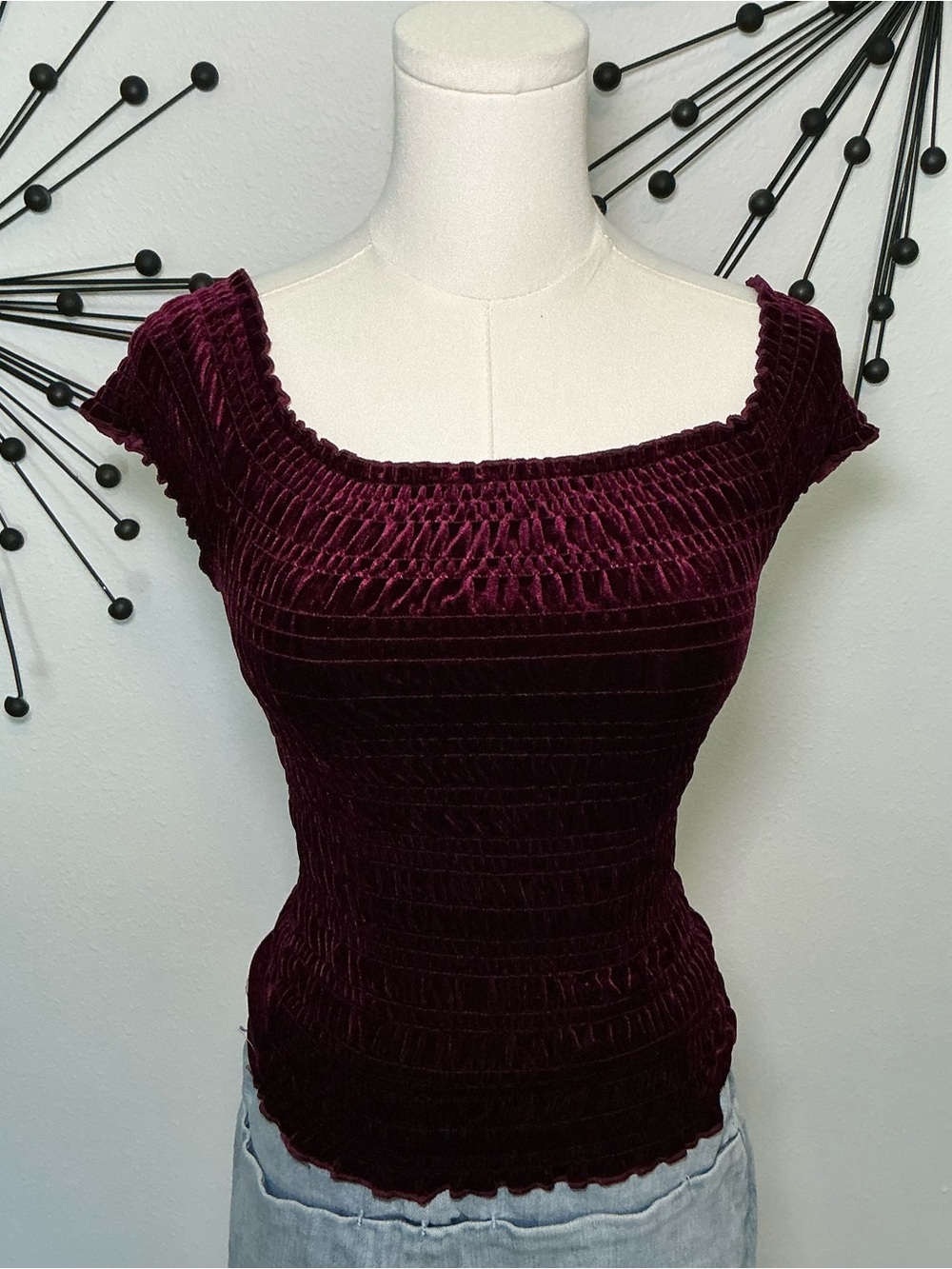 Aeropostale Burgundy Velvet Smocked Top Off Shoulder XS